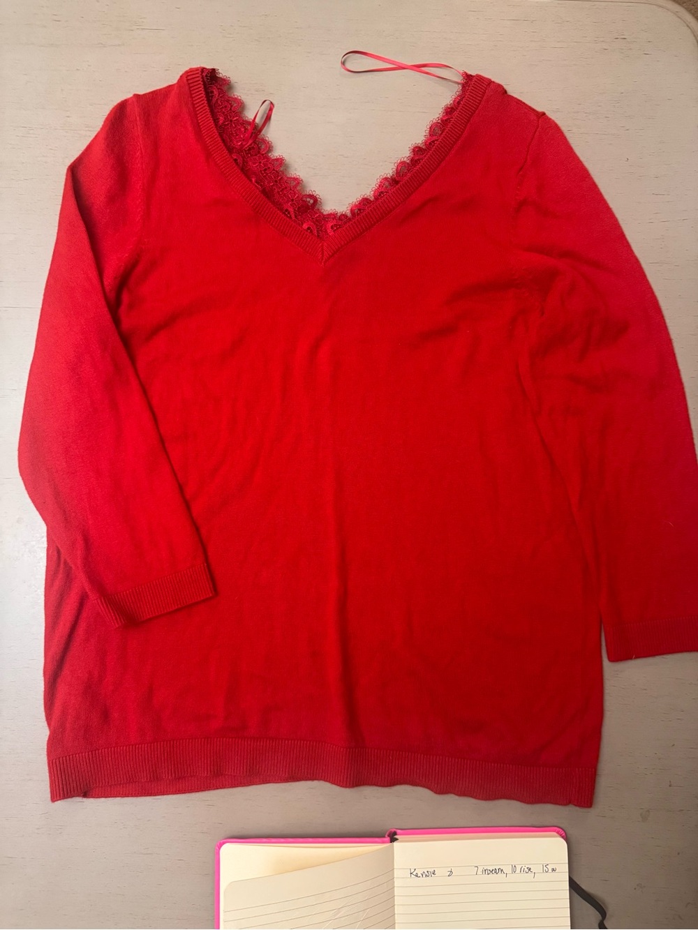 Loft Outlet Red V-Neck Lace Trim Sweater 3/4 sleeve Size L EUC